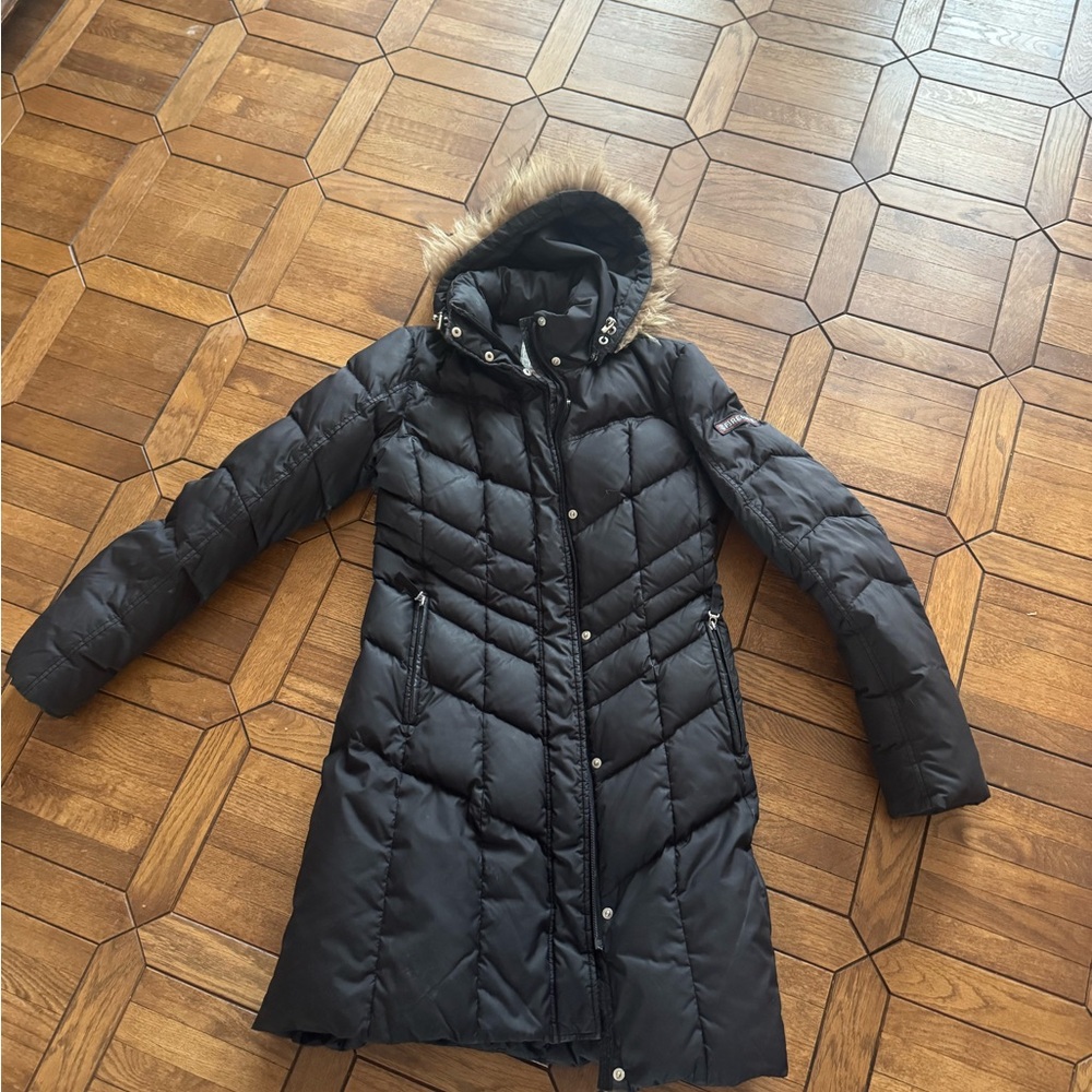 Women's Bognar Fire and Ice Black Quilted Down Coat with Faux Fur Hood puffer